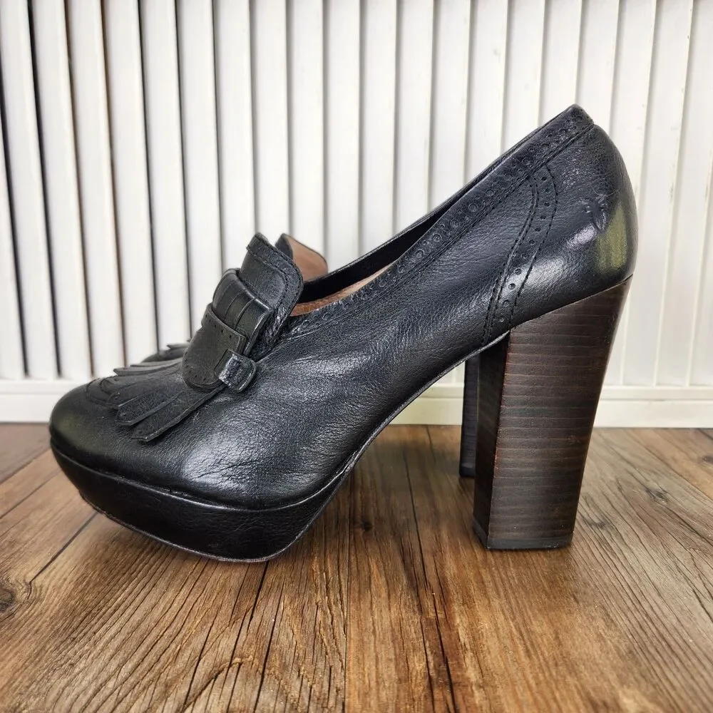 Frye Naiya Kiltie Moc Platform Pumps Womens 9.5M Black Chunky Stacked Heel Shoes